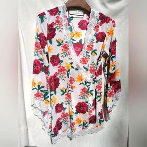 Oh La La Cheri Lace Trim Komono Roses Soft floral mini robe Nylon